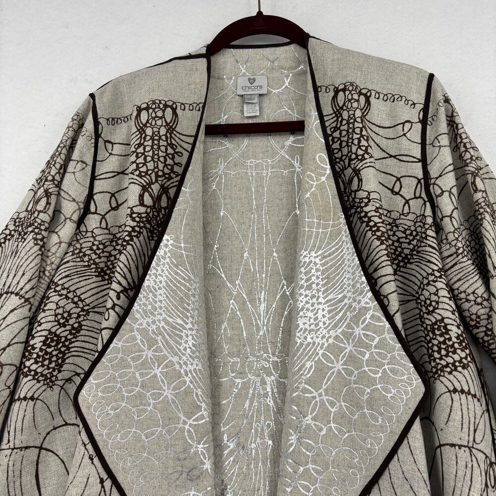 Chico's Reversible Jacket Blazer Size M Beige Brown Embroiderd Wool Blend Open - Picture 2 of 14
